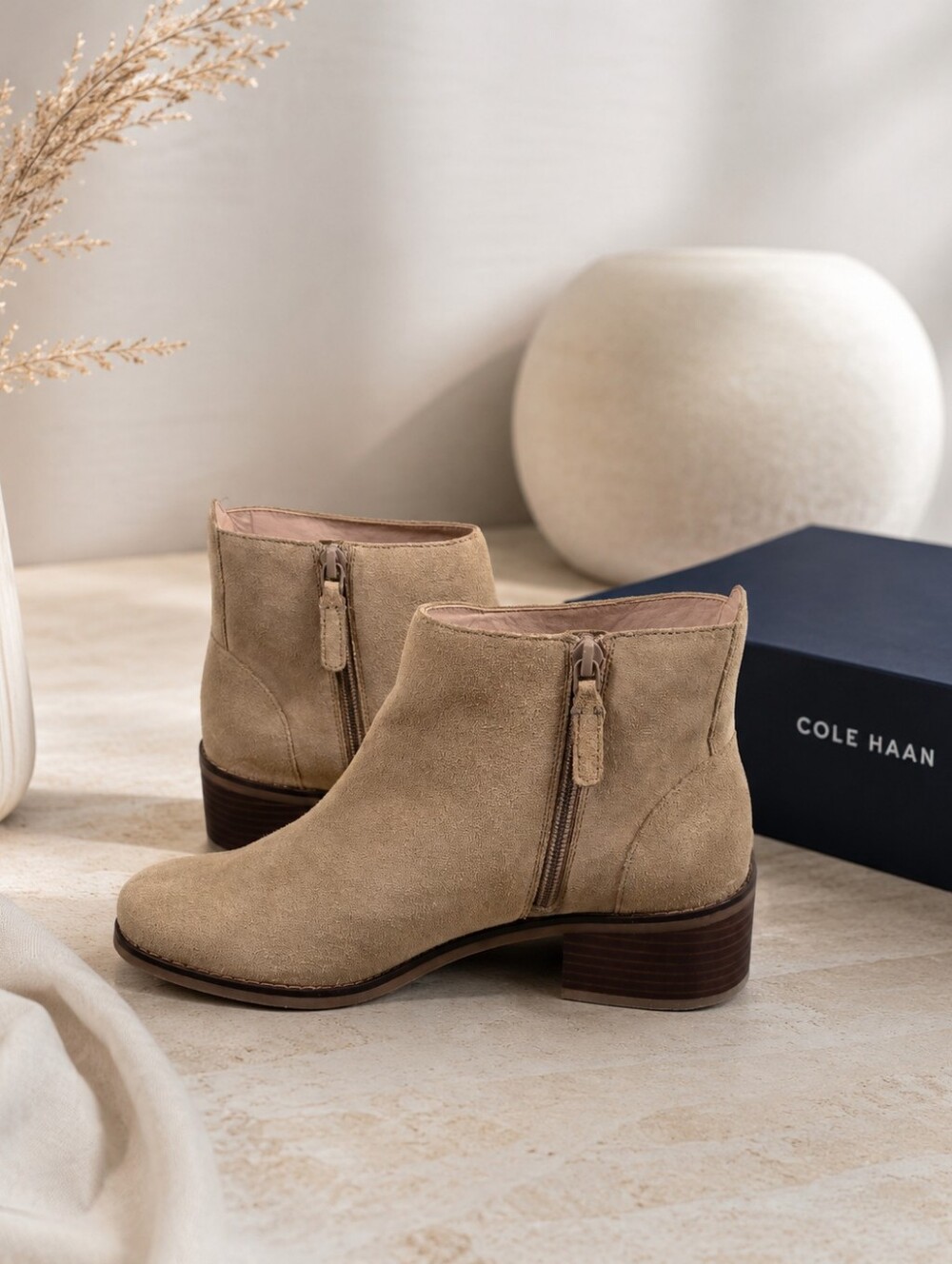 Cole Haan Holis Suede Block Heel Side Zip Boots Dark Latte Multiple Sizes Luxury